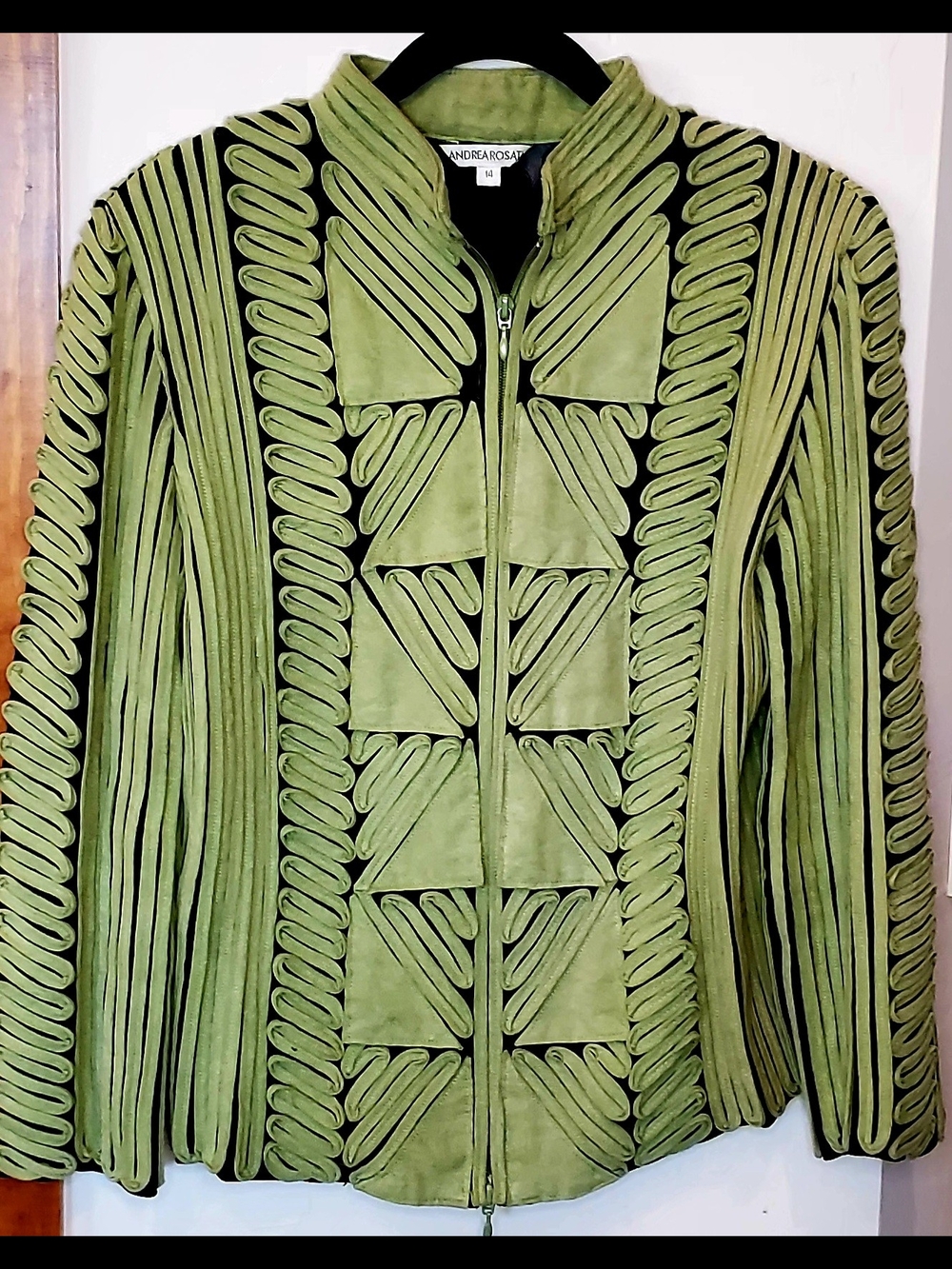Wearable Art Suede Geometric Design On Stretch Mesh Zip Jacket Sz 14 Lime Green